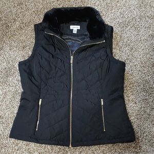 Calvin Klein Women's Black Quilted Vest With Faux Fur Collar Size L